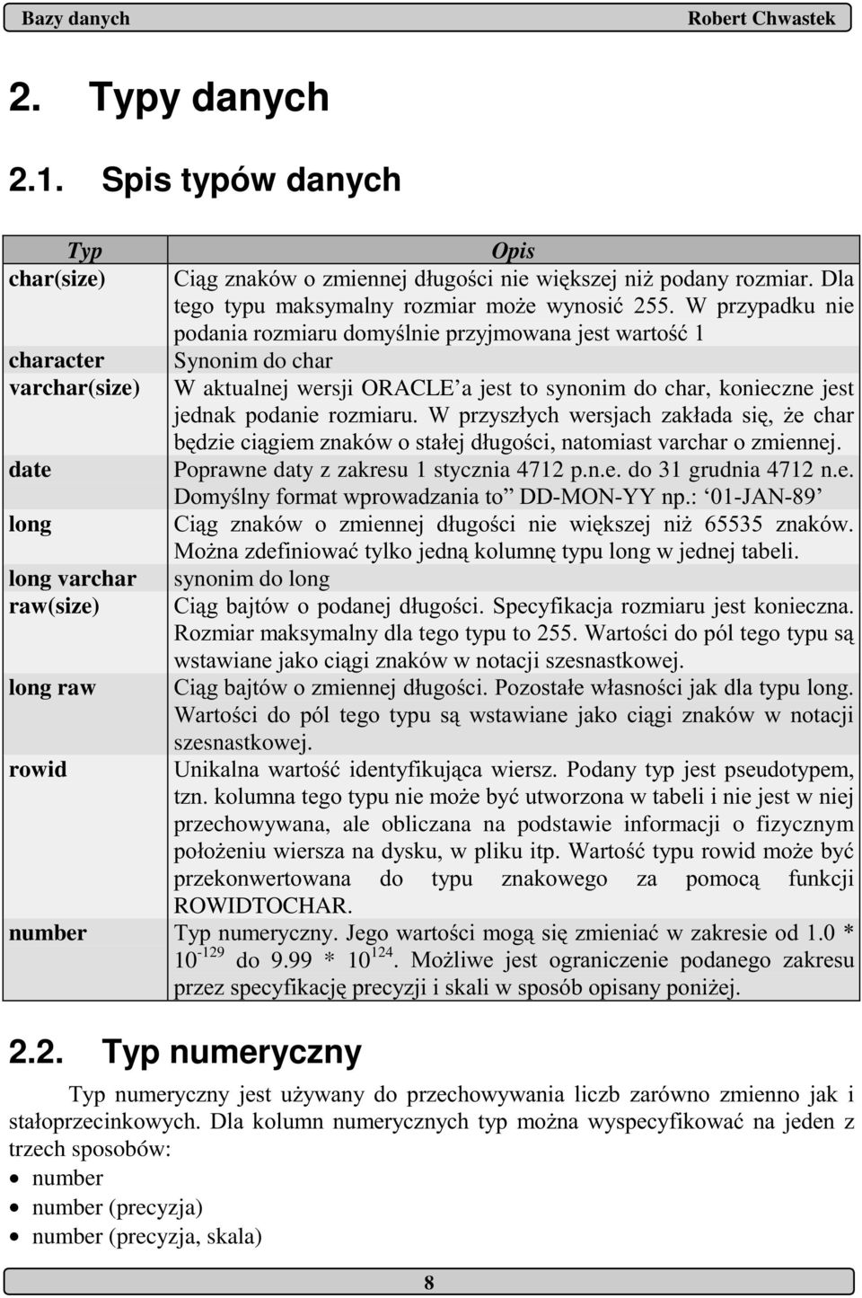 wersji ORACLE a jest to synonim do char, konieczne jest * ( ) - #? * Poprawne daty z zakresu 1 stycznia 4712 p.n.e. do 31 grudnia 4712 n.e. # @ "6A"BB *, CD>"8%"EFG : # ) H==!