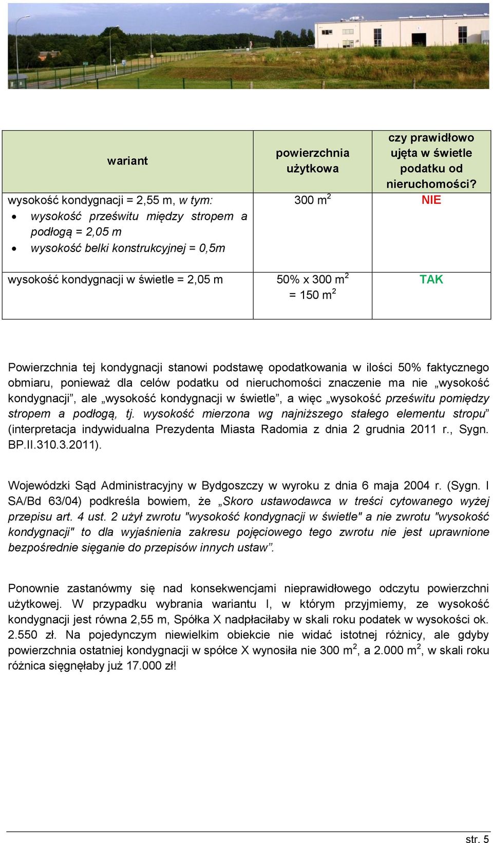 300 m 2 NIE wysokość kondygnacji w świetle = 2,05 m 50% x 300 m 2 = 150 m 2 TAK Powierzchnia tej kondygnacji stanowi podstawę opodatkowania w ilości 50% faktycznego obmiaru, ponieważ dla celów