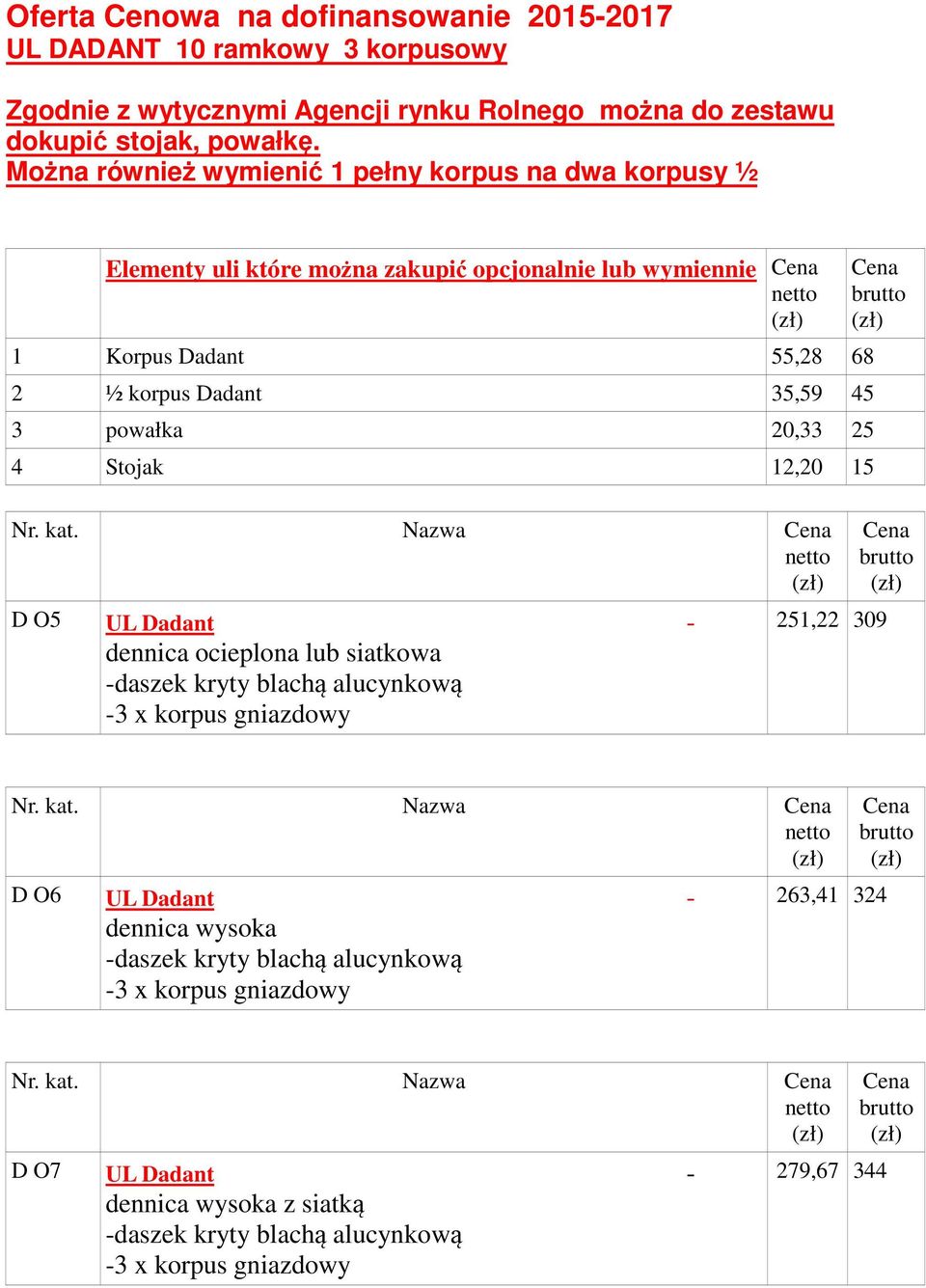 ½ korpus Dadant 35,59 45 Nr. kat. Nazwa D O5 UL Dadant - dennica ocieplona lub siatkowa 251,22 309 Nr. kat. Nazwa D O6 UL Dadant - dennica wysoka 263,41 324 Nr.