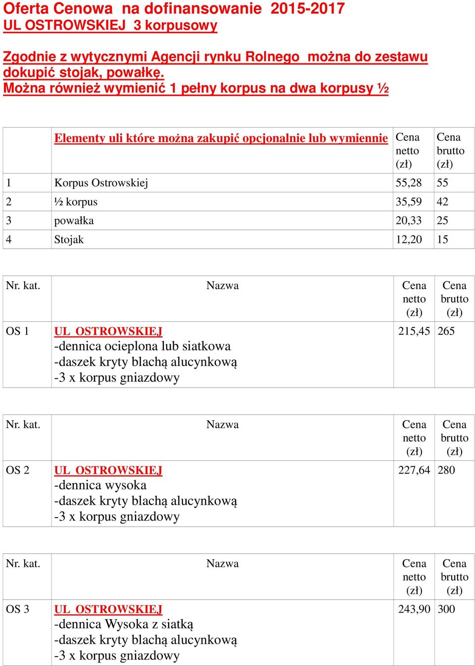 korpus 35,59 42 Nr. kat. Nazwa OS 1 UL OSTROWSKIEJ -dennica ocieplona lub siatkowa 215,45 265 Nr. kat. Nazwa OS 2 UL OSTROWSKIEJ -dennica wysoka 227,64 280 Nr.