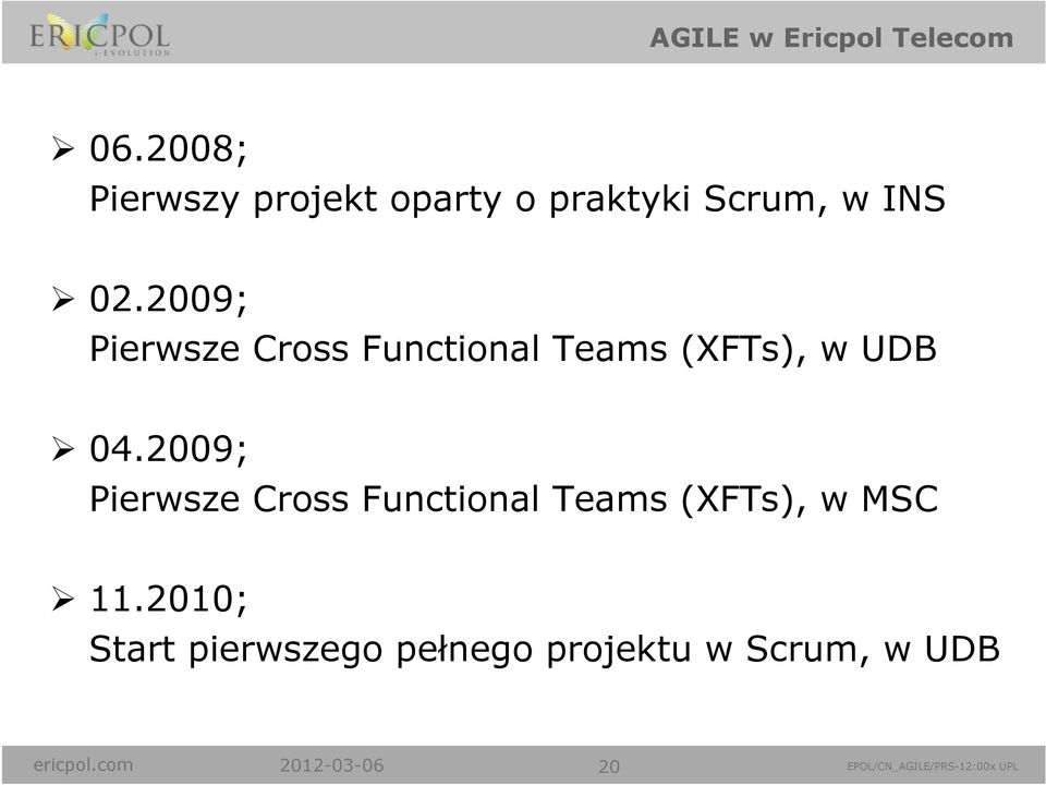 2009; Pierwsze Cross Functional Teams (XFTs), w UDB 04.