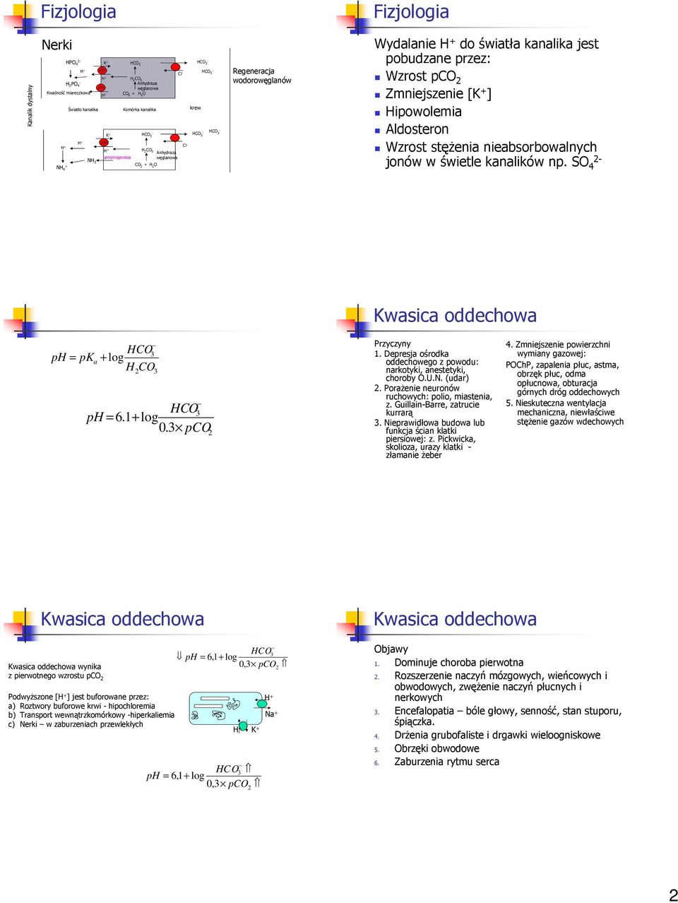 SO ph = pka + log H CO ph = 6.1+ log 0. pco 1. Depresja ośrodka oddechowego z powodu: narkotyki, anestetyki, choroby O.U.N. (udar). Porażenie neuronów ruchowych: polio, miastenia, z.