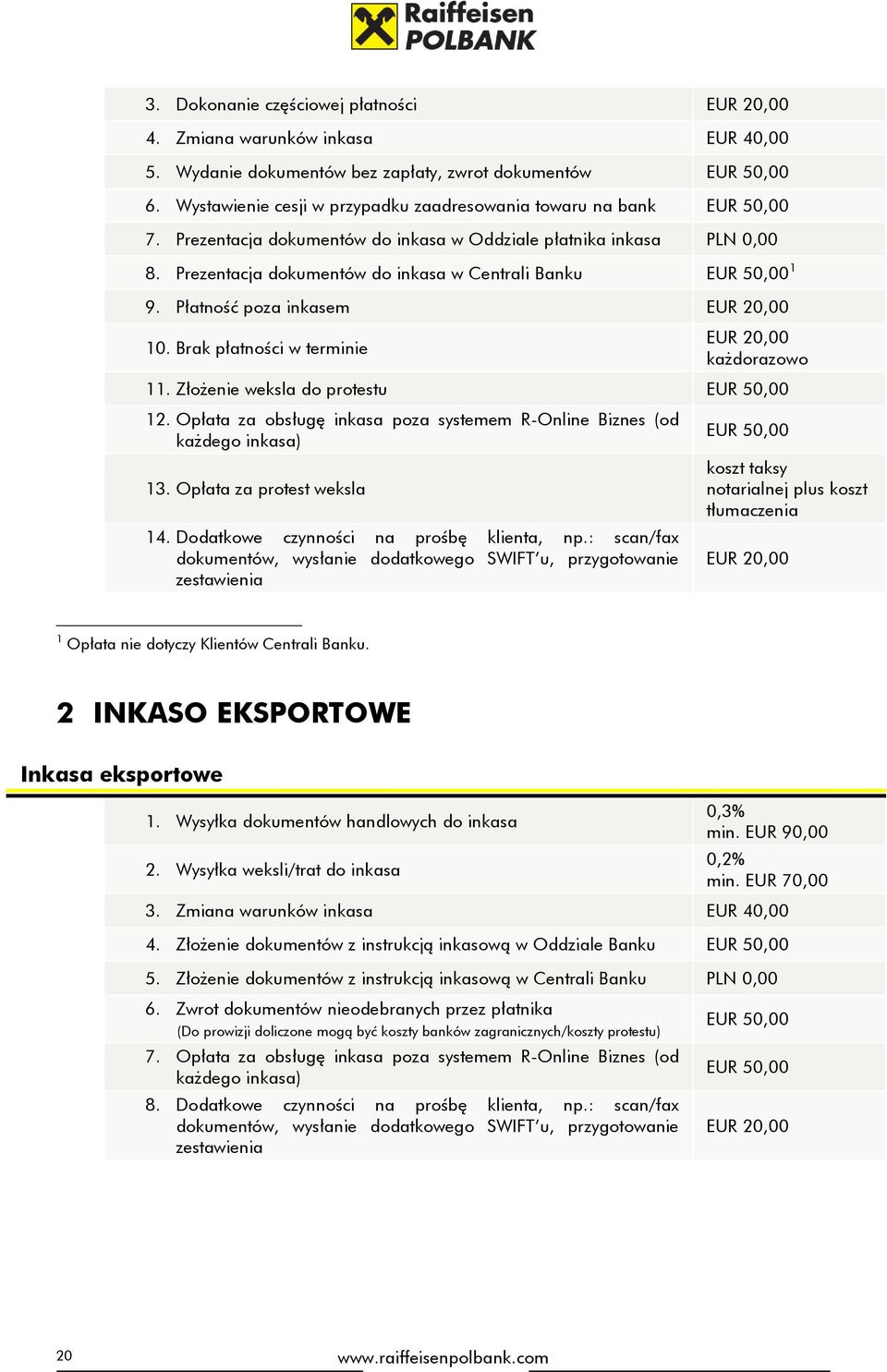 Prezentacja dokumentów do inkasa w Centrali Banku EUR 50,00 1 9. Płatność poza inkasem EUR 20,00 10. Brak płatności w terminie EUR 20,00 każdorazowo 11. Złożenie weksla do protestu EUR 50,00 12.