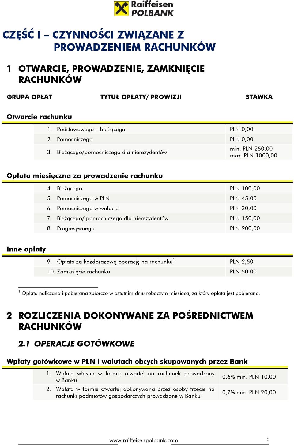 Pomocniczego w walucie PLN 30,00 7. Bieżącego/ pomocniczego dla nierezydentów PLN 150,00 8. Progresywnego PLN 200,00 Inne opłaty 9. Opłata za każdorazową operację na rachunku 1 PLN 2,50 10.
