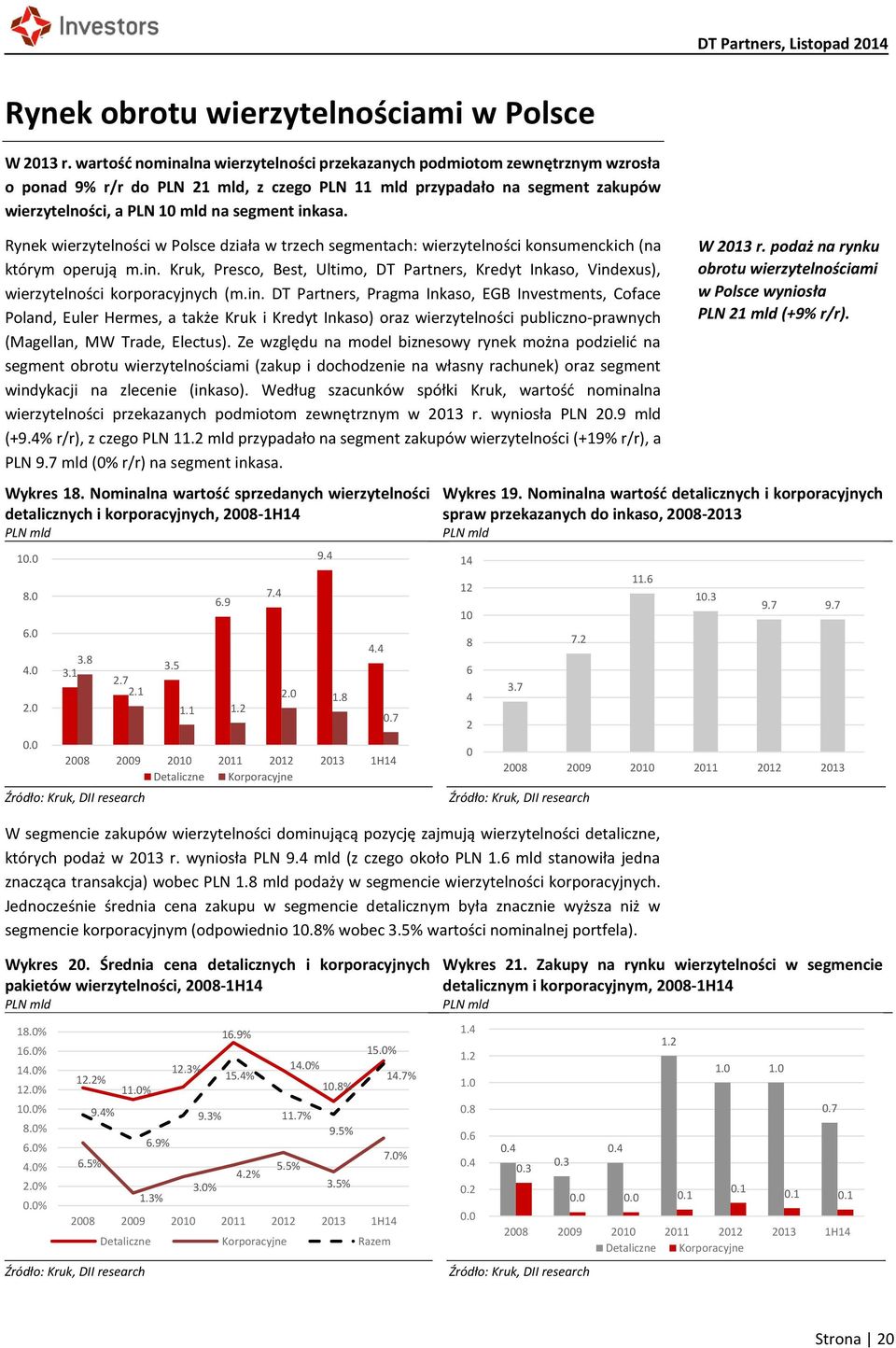 inkasa. Rynek wierzytelności w Polsce działa w trzech segmentach: wierzytelności konsumenckich (na którym operują m.in. Kruk, Presco, Best, Ultimo, DT Partners, Kredyt Inkaso, Vindexus), wierzytelności korporacyjnych (m.