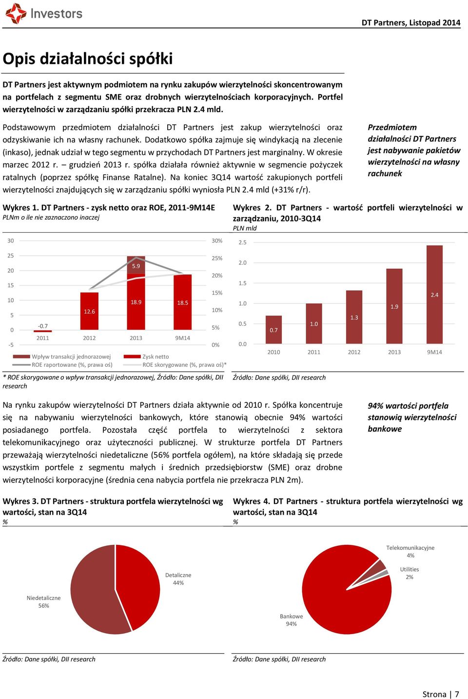 Dodatkowo spółka zajmuje się windykacją na zlecenie (inkaso), jednak udział w tego segmentu w przychodach DT Partners jest marginalny. W okresie marzec 2012 r. grudzień 2013 r.