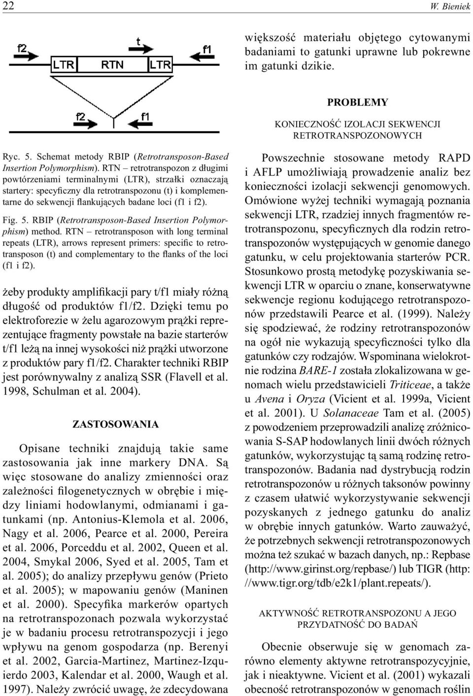 RTN retrotranspozon z długimi powtórzeniami terminalnymi (LTR), strzałki oznaczają startery: specyficzny dla retrotranspozonu (t) i komplementarne do sekwencji flankujących badane loci (f1 i f2). Fig.