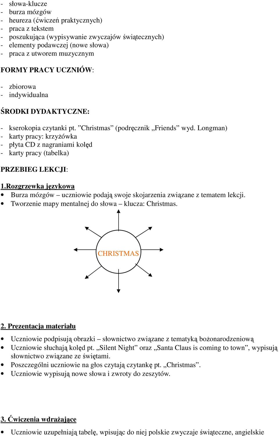 Longman) - karty pracy: krzyżówka - płyta CD z nagraniami kolęd - karty pracy (tabelka) PRZEBIEG LEKCJI: 1.