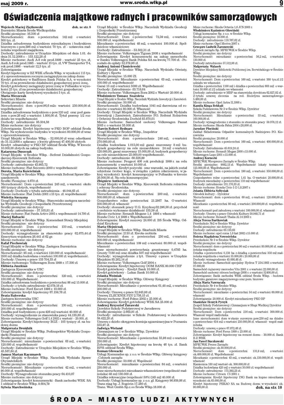 zł ustawowa małżeńska wspólność majątkowa. Dochody: zatrudnienie w Urzędzie Miejskim od dnia 1.01. do dnia 31.12.2008 r. 153.122,28 zł Mienie ruchome: Audi A-8 rok prod.1999 wartość 25 tys.