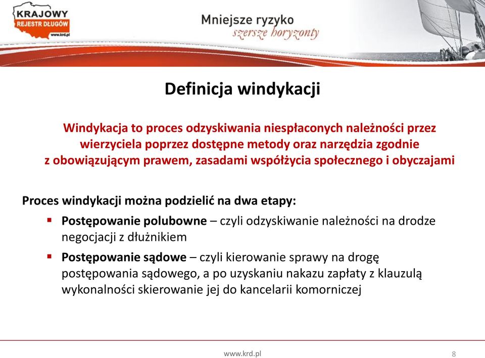 etapy: Postępowanie polubowne czyli odzyskiwanie należności na drodze negocjacji z dłużnikiem Postępowanie sądowe czyli kierowanie