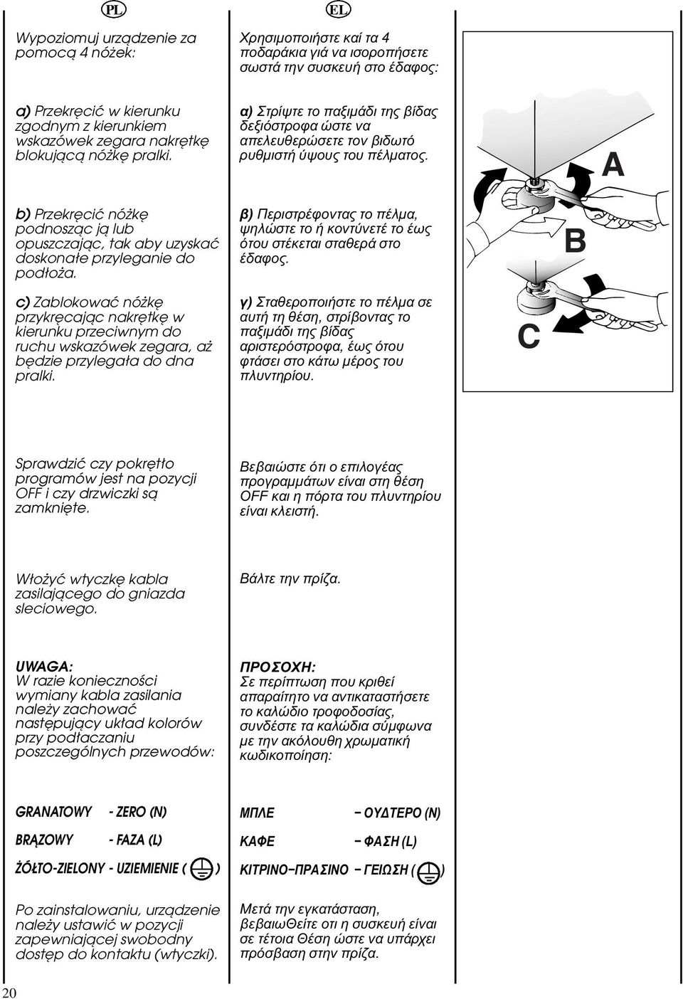 pokržto programów jest na pozycji OFF i czy drzwiczki sà zamknižte OFF Wäoăyç wtyczkë kabla zasilajćcego do gniazda sleciowego UWAGA: W razie koniecznoêci wymiany kabla zasilania naley zachowaç