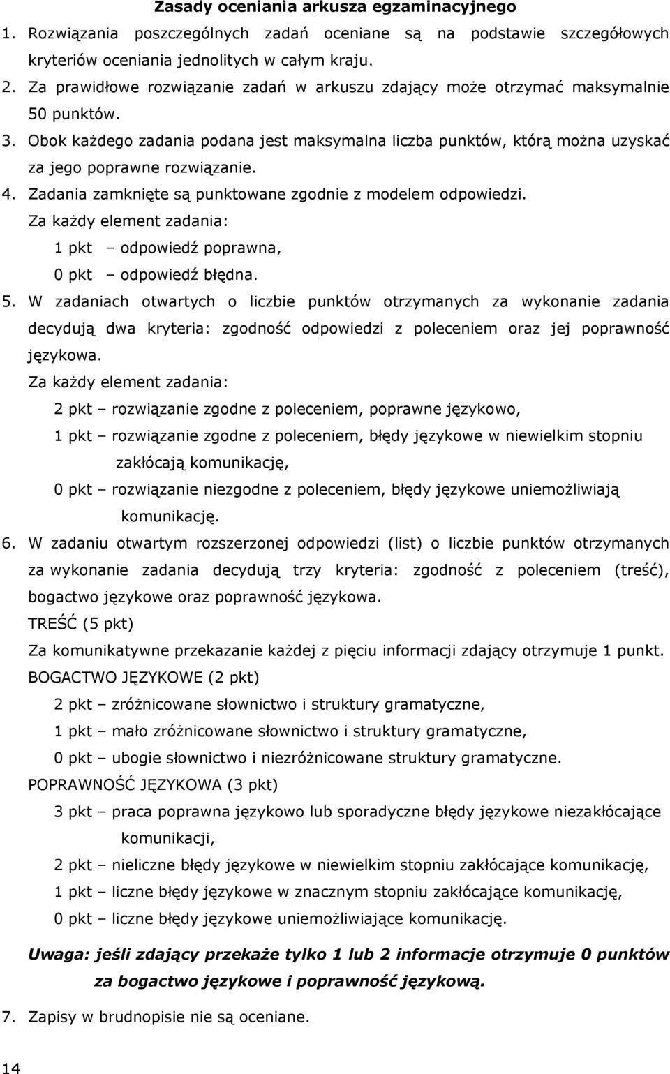 4. Zadania zamknięte są punktowane zgodnie z modelem odpowiedzi. Za każdy element zadania: 1 pkt odpowiedź poprawna, 0 pkt odpowiedź błędna. 5.