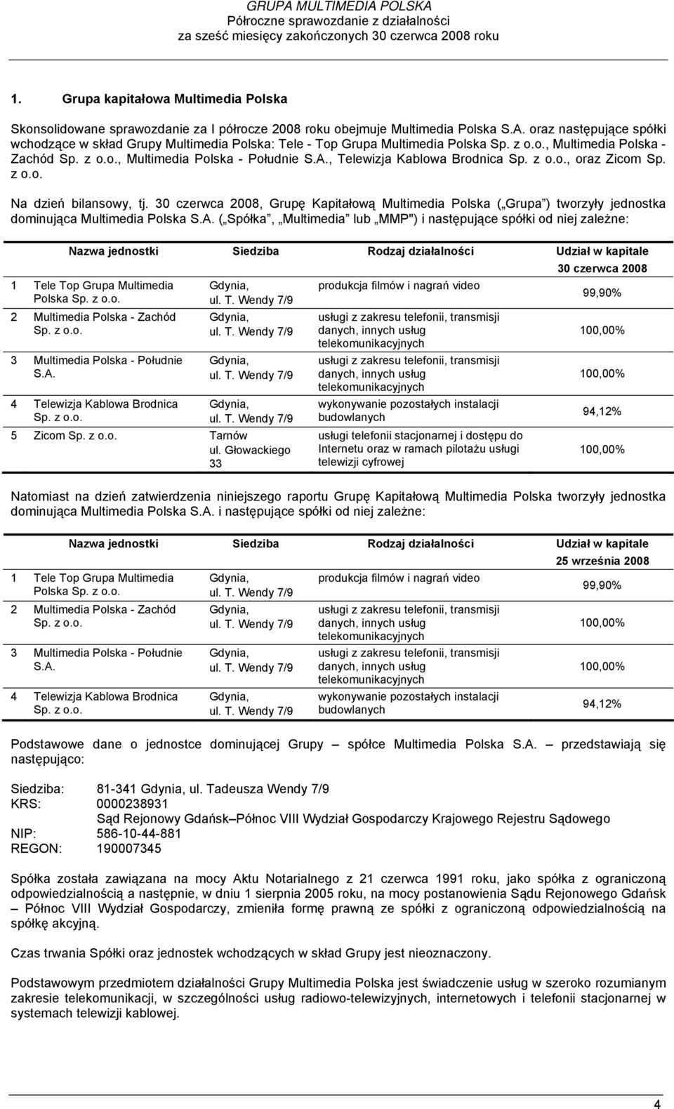 oraz następujące spółki wchodzące w skład Grupy Multimedia Polska: Tele - Top Grupa Multimedia Polska Sp. z o.o., Multimedia Polska - Zachód Sp. z o.o., Multimedia Polska - Południe S.A.