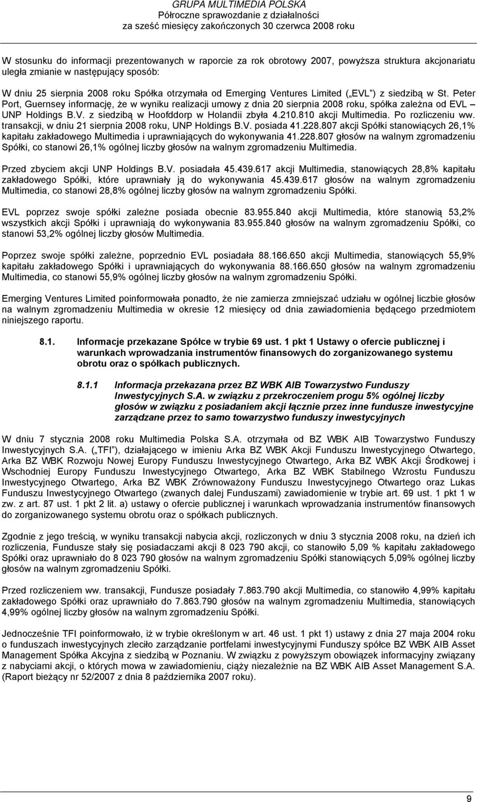 Peter Port, Guernsey informację, że w wyniku realizacji umowy z dnia 20 sierpnia 2008 roku, spółka zależna od EVL UNP Holdings B.V. z siedzibą w Hoofddorp w Holandii zbyła 4.210.810 akcji Multimedia.