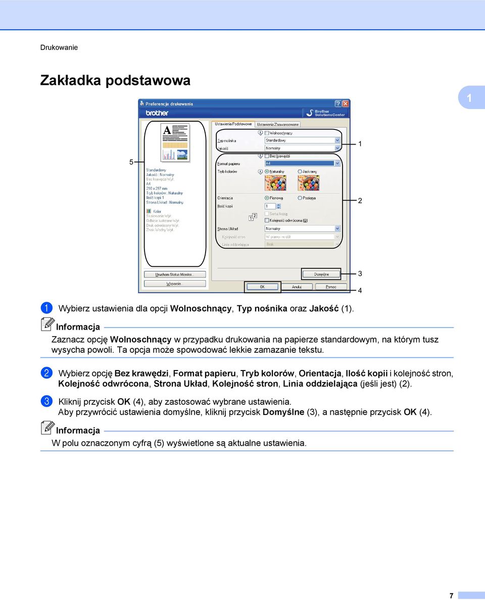 b Wybierz opcję Bez krawędzi, Format papieru, Tryb kolorów, Orientacja, Ilość kopii i kolejność stron, Kolejność odwrócona, Strona Układ, Kolejność stron, Linia