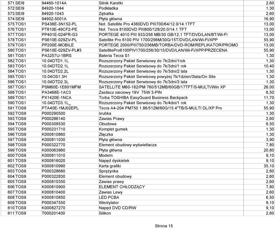 1TFT 13,00 576 TOS1 PT810E-49CF2-PE Not. Tecra 8100DVD PIII800/128/20.0/14.