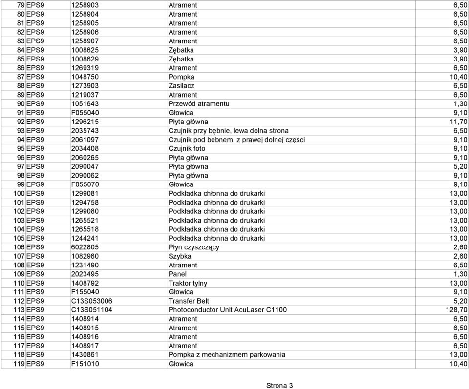 92 EPS9 1296215 Płyta główna 11,70 93 EPS9 2035743 Czujnik przy bębnie, lewa dolna strona 6,50 94 EPS9 2061097 Czujnik pod bębnem, z prawej dolnej części 9,10 95 EPS9 2034408 Czujnik foto 9,10 96