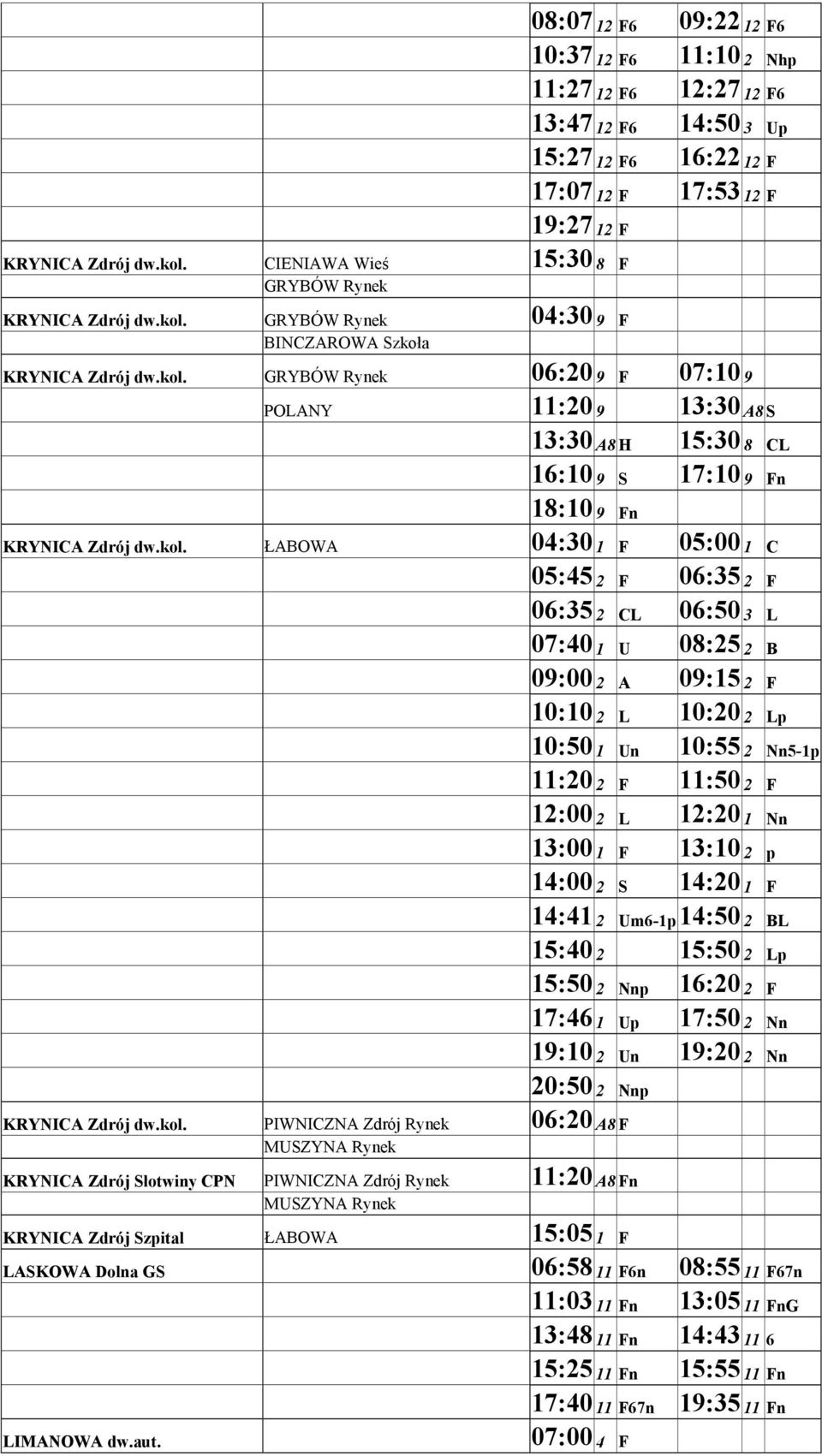 17:07 12 F 17:53 12 F 19:27 12 F  GRYBÓW Rynek 06:20 9 F 07:10 9 POLANY 11:20 9 13:30 A8 S 13:30 A8 H 15:30 8 CL 16:10 9 S 17:10 9 Fn 18:10 9 Fn  ŁABOWA 04:30 1 F 05:00 1 C 05:45 2 F 06:35 2 F 06:35