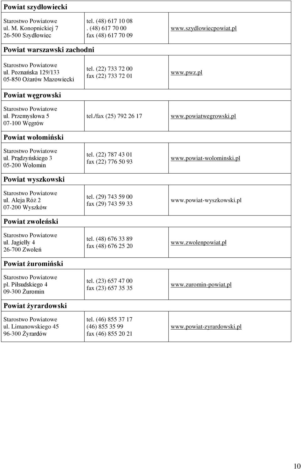 Aleja Róż 2 07-200 Wyszków Powiat zwoleński ul. Jagiełły 4 26-700 Zwoleń Powiat żuromiński pl. Piłsudskiego 4 09-300 Żuromin Powiat żyrardowski ul. Limanowskiego 45 96-300 Żyrardów tel.