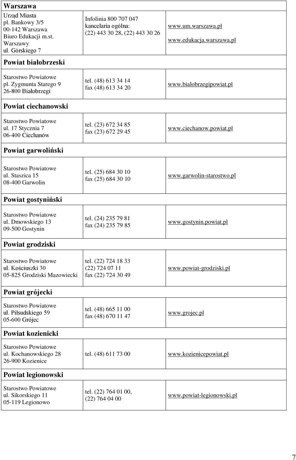 (23) 672 34 85 fax (23) 672 29 45 www.um.warszawa.pl www.edukacja.warszawa.pl www.bialobrzegipowiat.pl www.ciechanow.powiat.pl ul. Staszica 15 08-400 Garwolin tel.
