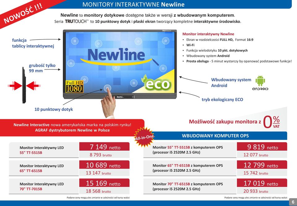 funkcja tablicy interaktywnej grubość tylko 99 mm Monitor interaktywny Newline ź Ekran w rozdzielczości FULL HD, Format 16:9 ź Wi-Fi ź Funkcja wielodotyku 10 pkt.