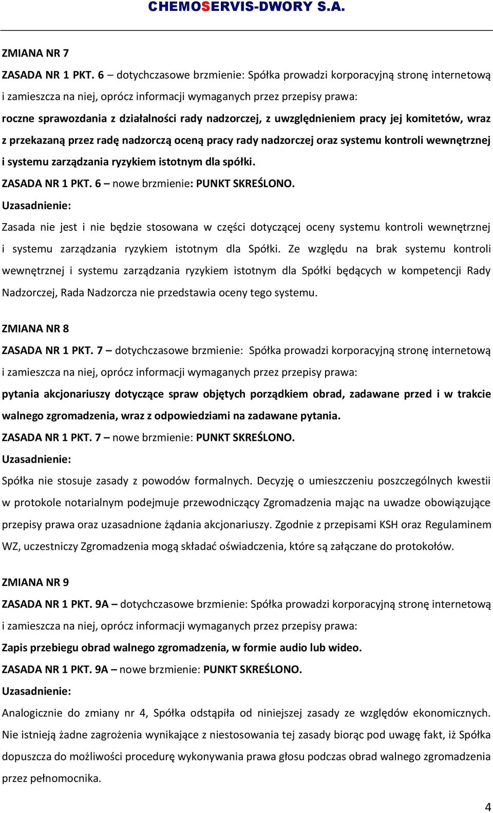 nadzorczą oceną pracy rady nadzorczej oraz systemu kontroli wewnętrznej i systemu zarządzania ryzykiem istotnym dla spółki. ZASADA NR 1 PKT. 6 nowe brzmienie: PUNKT SKREŚLONO.