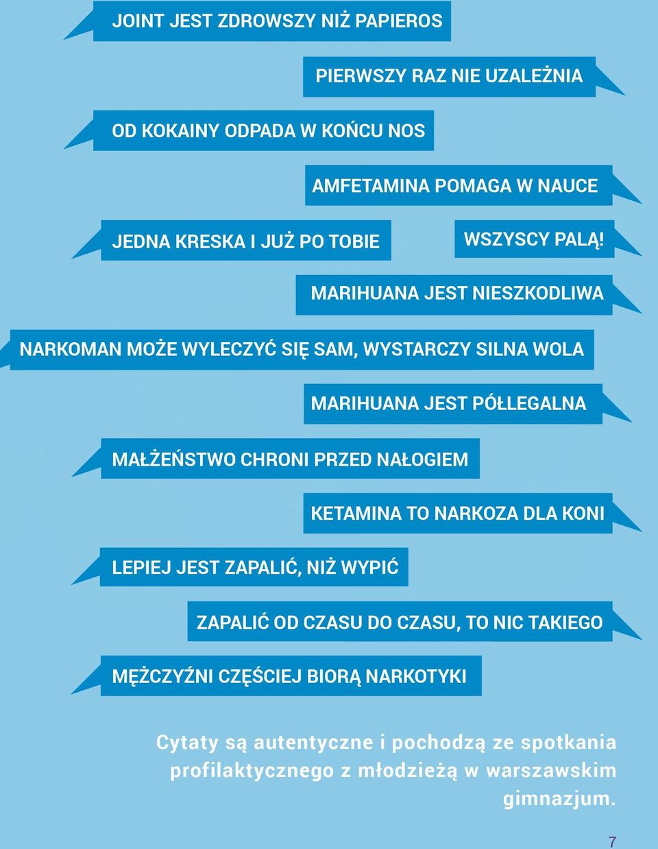 MARIHUANA JEST NIESZKODLIWA NARKOMAN MOŻE WYLECZYĆ SIĘ SAM, WYSTARCZY SILNA WOLA MARIHUANA JEST PÓŁLEGALNA MAŁŻEŃSTWO CHRONI PRZED