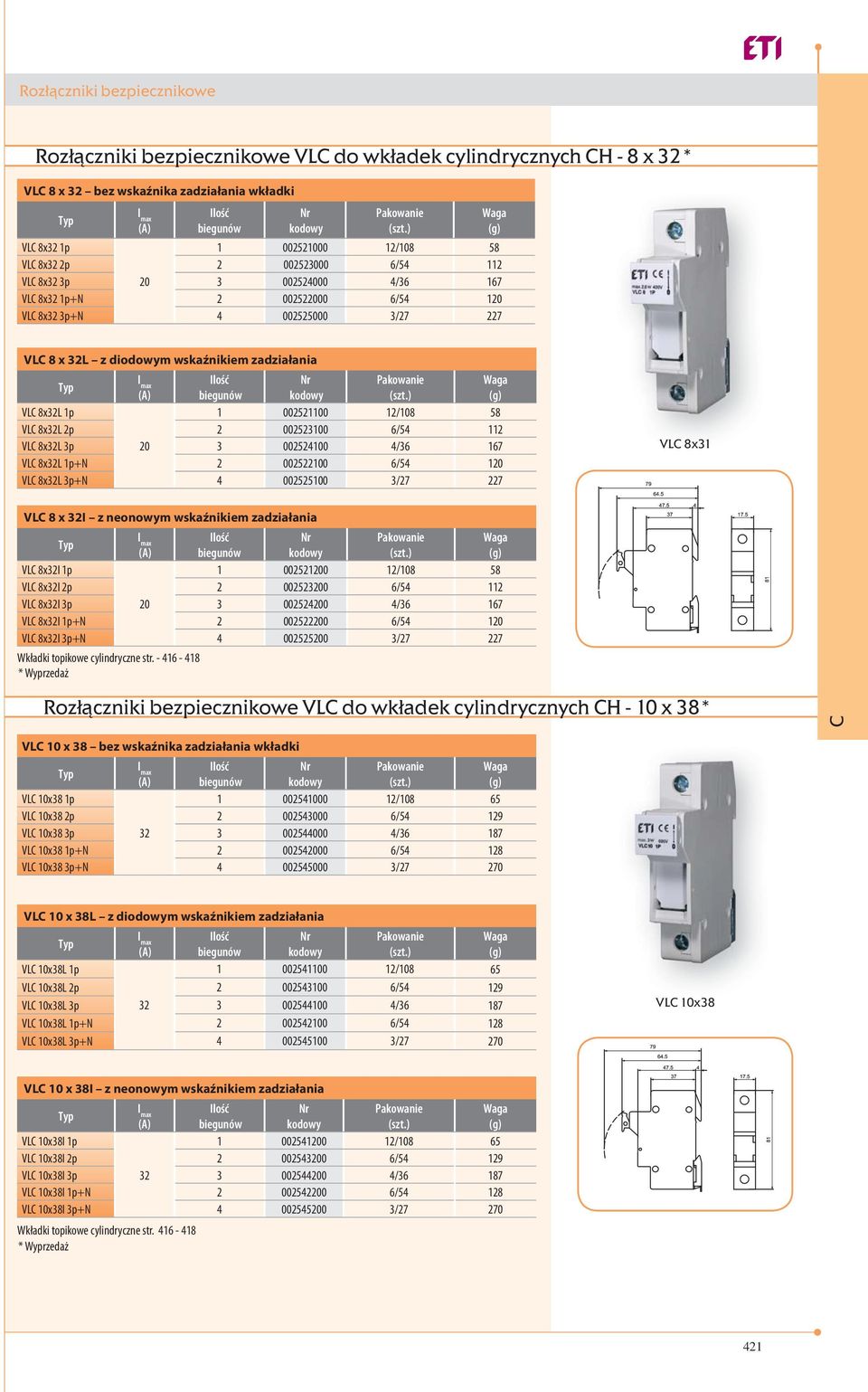 0050 /3 17 VL 8x3L 1p+N 0050 /5 VL 8x3L 3p+N 00550 3/7 7 VL 8x31 VL 8 x 3I z neonowym wskaźnikiem zadziałania Ilość biegunów VL 8x3I 1p 1 0050 1/8 58 VL 8x3I p 005300 /5 11 VL 8x3I 3p 0 3 00500 /3 17