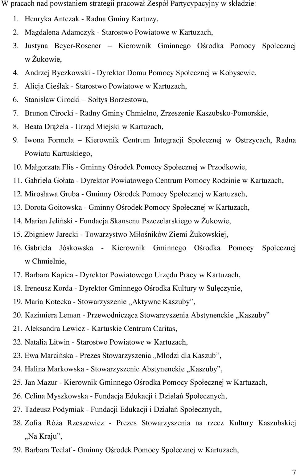 Alicja Cieślak - Starostwo Powiatowe w Kartuzach, 6. Stanisław Cirocki Sołtys Borzestowa, 7. Brunon Cirocki - Radny Gminy Chmielno, Zrzeszenie Kaszubsko-Pomorskie, 8.