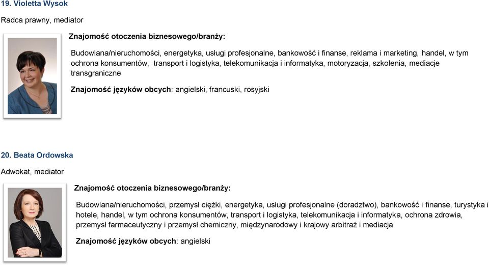 Beata Ordowska Adwokat, mediator Budowlana/nieruchomości, przemysł ciężki, energetyka, usługi profesjonalne (doradztwo), bankowość i finanse, turystyka i hotele,