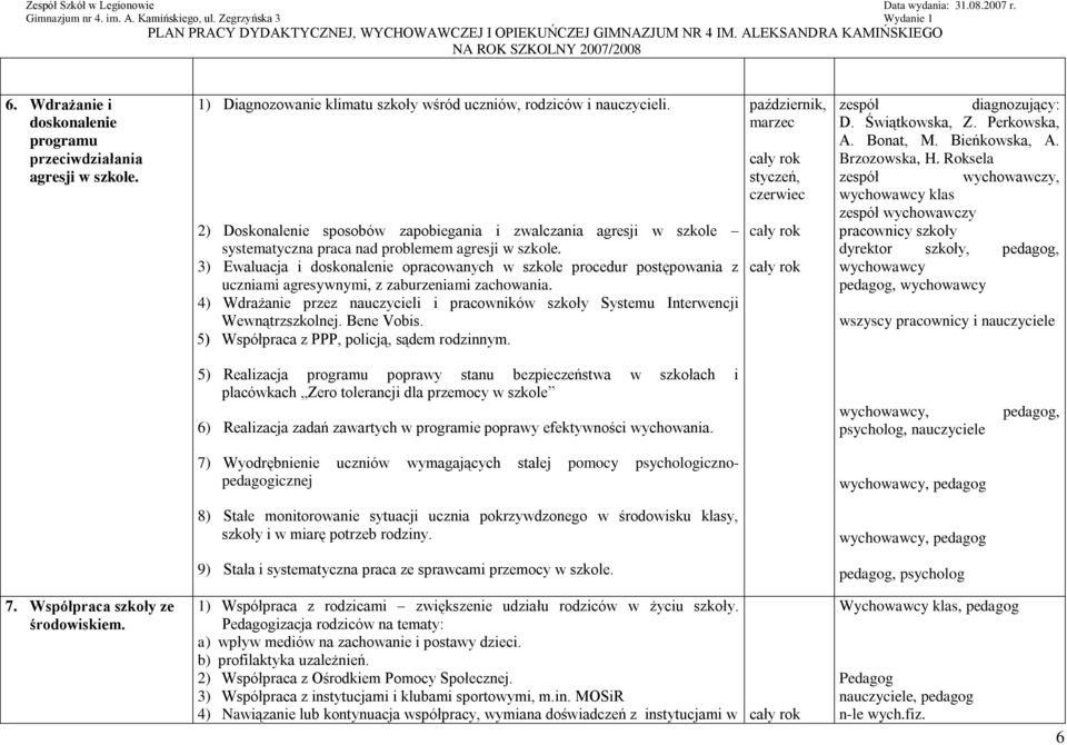 3) Ewaluacja i doskonalenie opracowanych w szkole procedur postępowania z uczniami agresywnymi, z zaburzeniami zachowania.