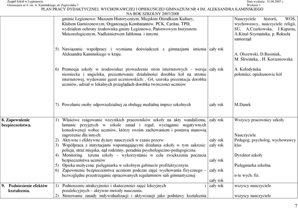 Roksela samorząd 5) Nawiązanie współpracy i wymiana doświadczeń z gimnazjami imienia Aleksandra Kamińskiego w kraju.