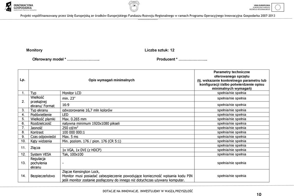 Typ ekranu odwzorowanie 16,7 mln kolorów 4. Podświetlenie LED 5. Wielkość plamki Max. 0.265 mm 6. Rozdzielczość natywna minimum 1920x1080 pikseli 7. Jasność 250 cd/m 2 8. Kontrast 100 000 000:1 9.