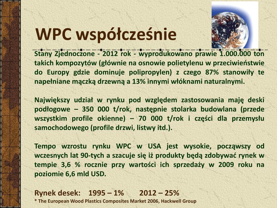 Największy udział w rynku pod względem zastosowania maję deski podłogowe 350 000 t/rok, następnie stolarka budowlana (przede wszystkim profile okienne) 70 000 t/rok i części dla przemysłu