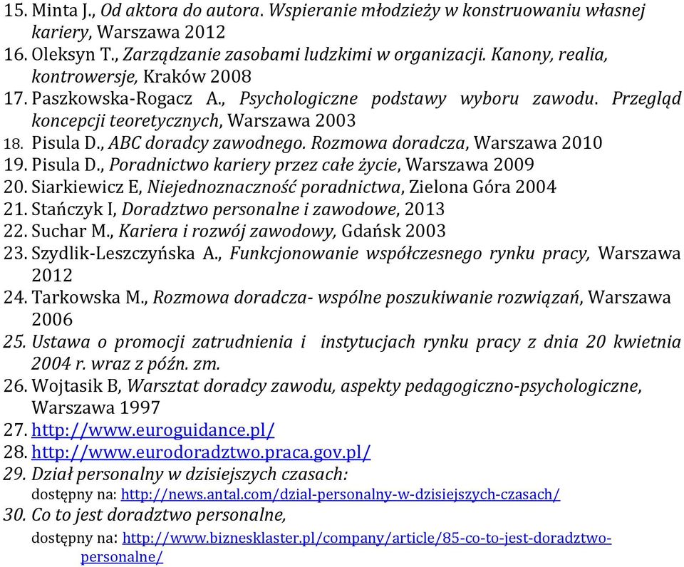 Rozmowa doradcza, Warszawa 2010 19. Pisula D., Poradnictwo kariery przez całe życie, Warszawa 2009 20. Siarkiewicz E, Niejednoznaczność poradnictwa, Zielona Góra 2004 21.