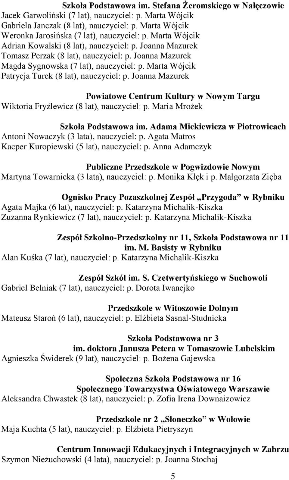 Joanna Mazurek Magda Sygnowska (7 lat), nauczyciel: p. Marta Wójcik Patrycja Turek (8 lat), nauczyciel: p.