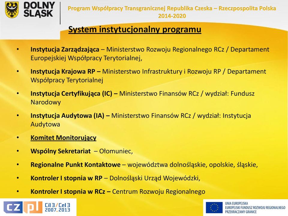 Ministerstwo Finansów RCz / wydział: Fundusz Narodowy Instytucja Audytowa (IA) Ministerstwo Finansów RCz / wydział: Instytucja Audytowa Komitet Monitorujący Wspólny Sekretariat