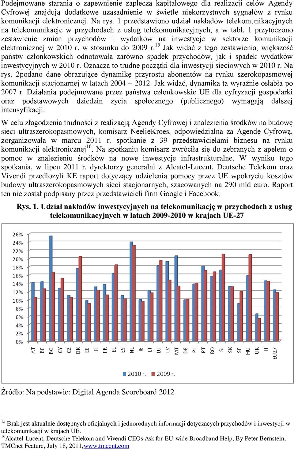 1 przytoczono zestawienie zmian przychodów i wydatków na inwestycje w sektorze komunikacji elektronicznej w 2010 r. w stosunku do 2009 r.