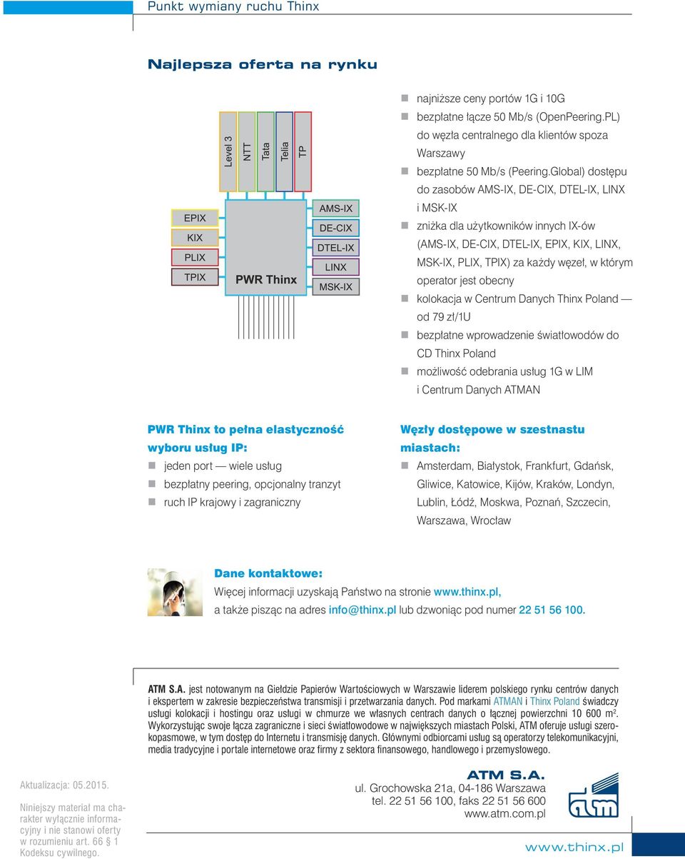 jest obecny kolokacja w Centrum Danych Thinx Poland od 79 zł/1u bezpłatne wprowadzenie światłowodów do CD Thinx Poland możliwość odebrania usług 1G w LIM i Centrum Danych ATMAN PWR Thinx to pełna