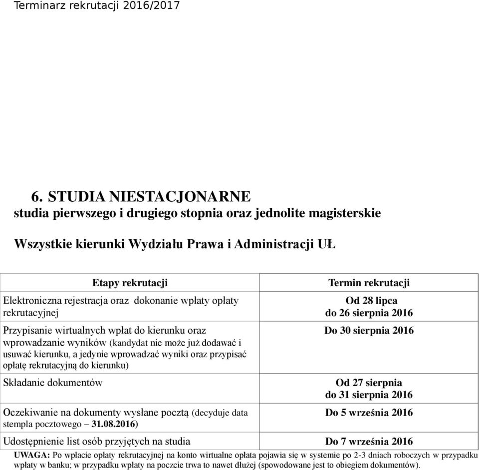 a jedynie wprowadzać wyniki oraz przypisać opłatę rekrutacyjną do kierunku) stempla pocztowego 31.08.