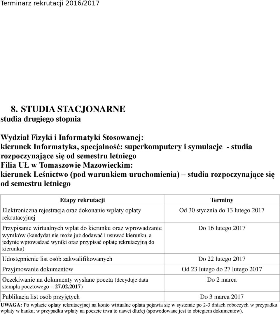 dodawać i usuwać kierunku, a jedynie wprowadzać wyniki oraz przypisać opłatę rekrutacyjną do kierunku) Terminy Od 30 stycznia do 13 lutego 2017 Do 16 lutego 2017 Udostępnienie list