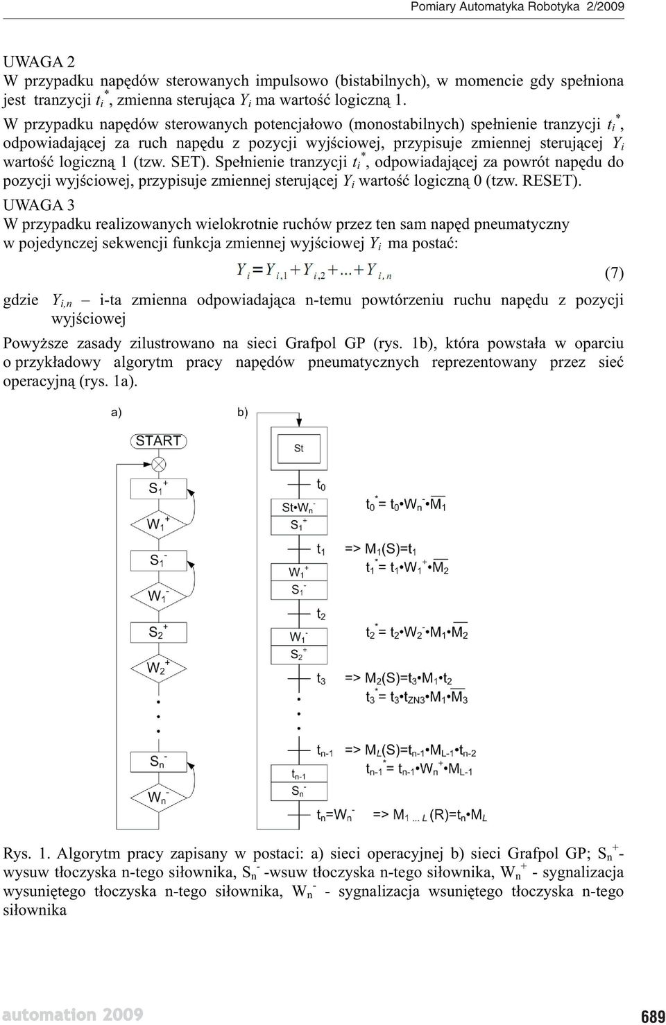 SET). Spe nienie tranzycji t * i, odpowiadaj cej za powrót nap du do pozycji wyj ciowej, przypisuje zmiennej steruj cej Y i warto logiczn 0 (tzw. RESET).