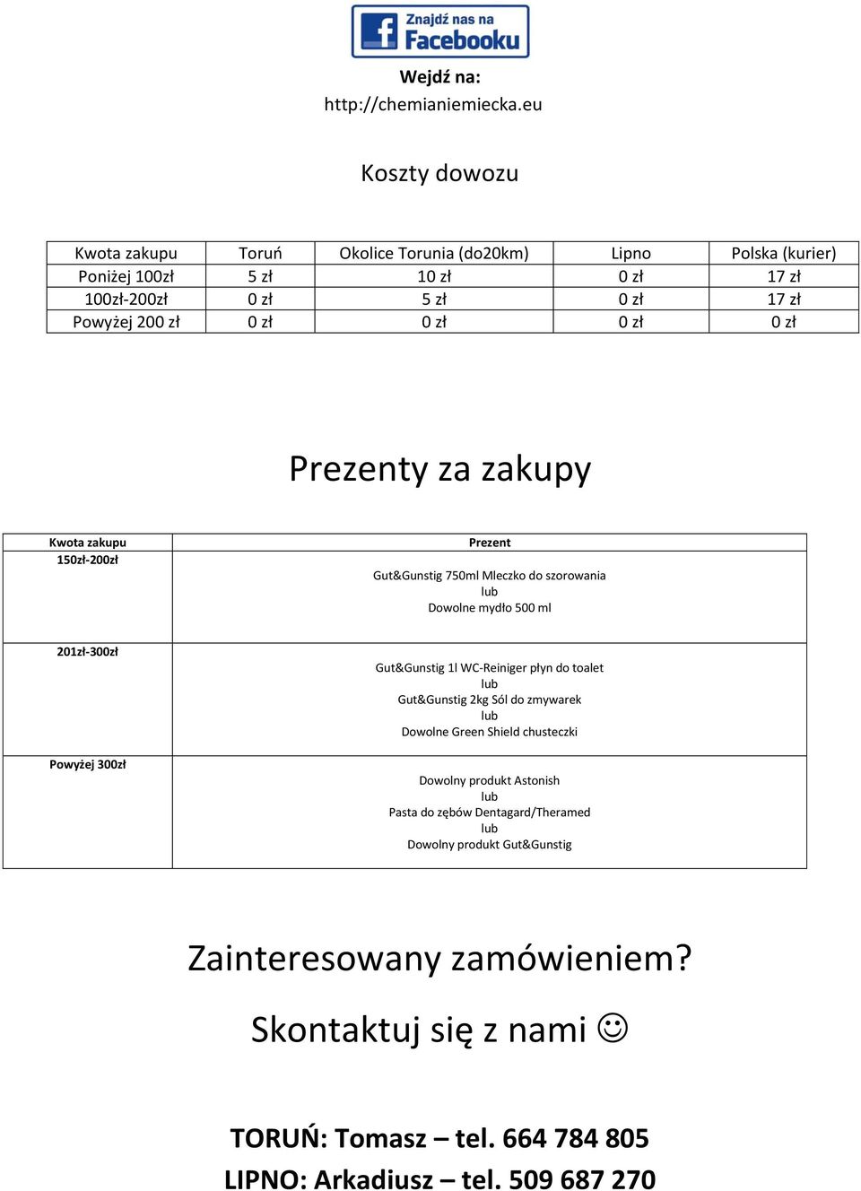 0 zł 0 zł 0 zł 0 zł Prezenty za zakupy Kwota zakupu 150zł-200zł Prezent Gut&Gunstig 750ml Mleczko do szorowania Dowolne mydło 500 ml 201zł-300zł Powyżej 300zł