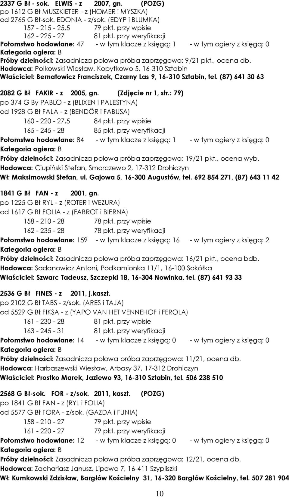 Hodowca: Polkowski Wiesław, Kopytkowo 5, 16-310 Sztabin Właściciel: Bernatowicz Franciszek, Czarny Las 9, 16-310 Sztabin, tel. (87) 641 30 63 2082 G Bł FAKIR - z 2005, gn. (Zdjęcie nr 1, str.