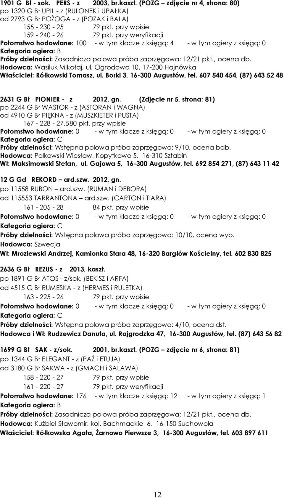 , ocena db. Hodowca: Wasiluk Mikołaj, ul. Ogrodowa 10, 17-200 Hajnówka Właściciel: Rółkowski Tomasz, ul. Borki 3, 16-300 Augustów, tel. 607 540 454, (87) 643 52 48 2631 G Bł PIONIER - z 2012, gn.