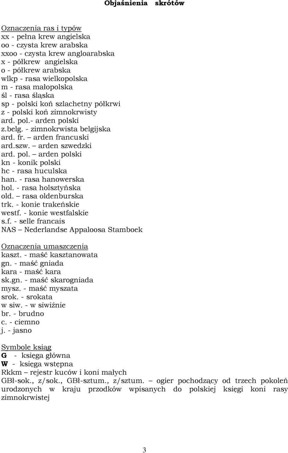 arden szwedzki ard. pol. arden polski kn - konik polski hc - rasa huculska han. - rasa hanowerska hol. - rasa holsztyńska old. rasa oldenburska trk. - konie trakeńskie westf.