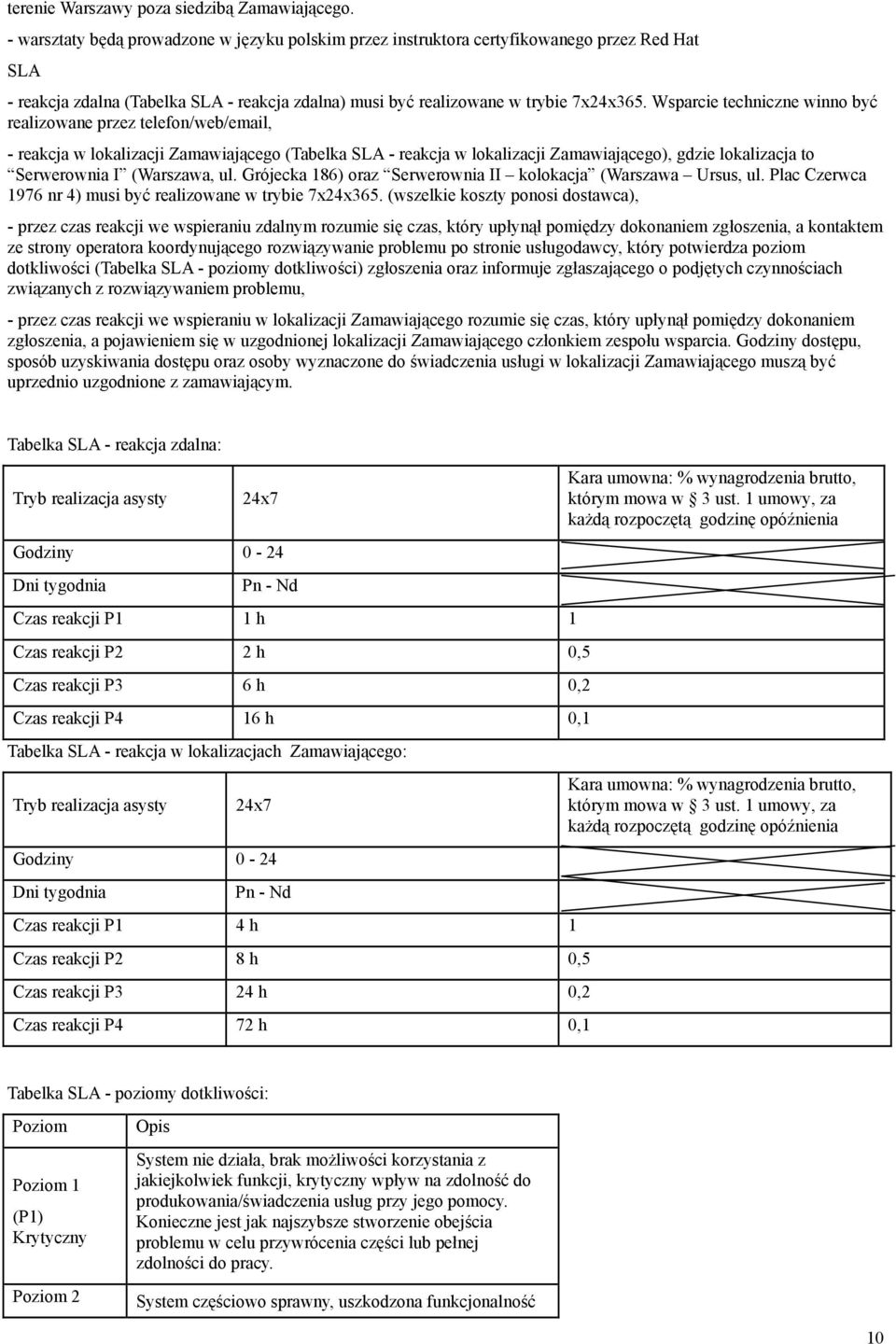 Wsparcie techniczne winno być realizowane przez telefon/web/email, - reakcja w lokalizacji Zamawiającego (Tabelka SLA - reakcja w lokalizacji Zamawiającego), gdzie lokalizacja to Serwerownia I