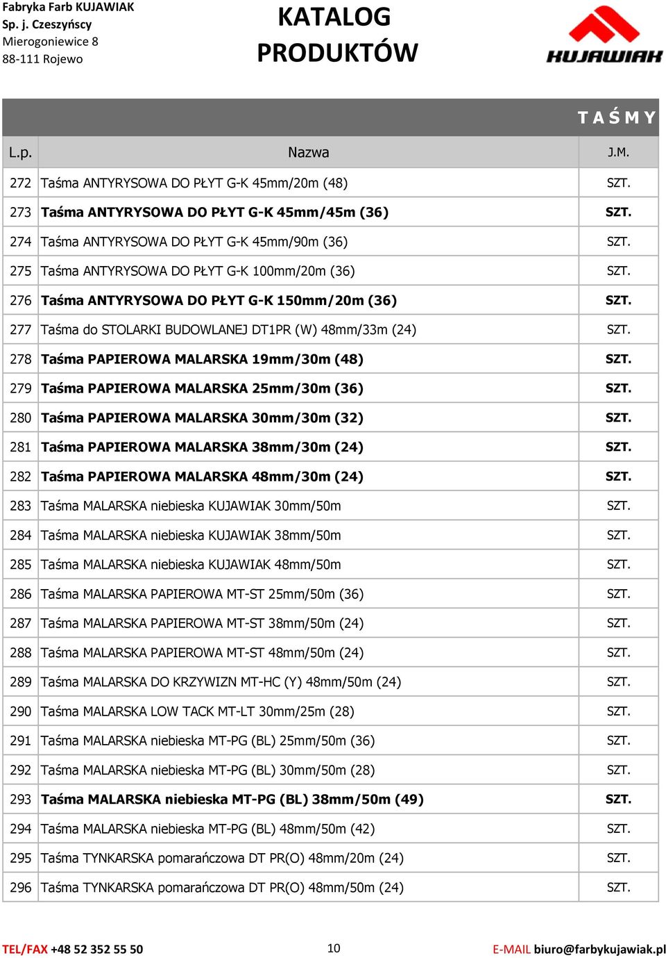 Taśma PAPIEROWA MALARSKA 30mm/30m (32) 281 Taśma PAPIEROWA MALARSKA 38mm/30m (24) 282 Taśma PAPIEROWA MALARSKA 48mm/30m (24) 283 Taśma MALARSKA niebieska KUJAWIAK 30mm/50m 284 Taśma MALARSKA