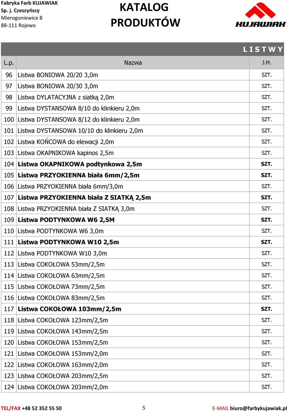 PRZYOKIENNA biała 6mm/3,0m 107 Listwa PRZYOKIENNA biała Z SIATKĄ 2,5m 108 Listwa PRZYOKIENNA biała Z SIATKĄ 3,0m 109 Listwa PODTYNKOWA W6 2,5M 110 Listwa PODTYNKOWA W6 3,0m 111 Listwa PODTYNKOWA W10