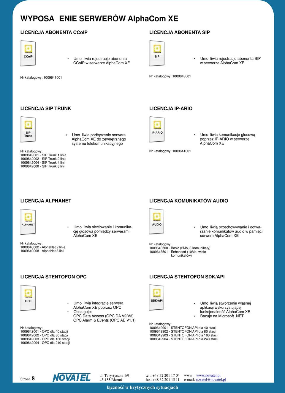 IP-ARIO Umożliwia komunikacje głosową poprzez IP-ARIO w serwerze AlphaCom XE Nr katalogowy: 1009642001 - SIP Trunk 1 linia 1009642002 - SIP Trunk 2 linie 1009642004 - SIP Trunk 4 linii 1009642008 -